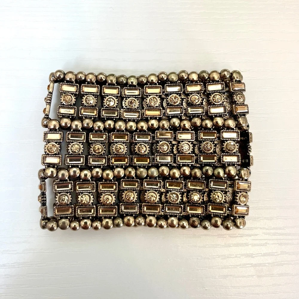 Chunky Art Deco Crystal Metallic Statement Stretch Cuff Bracelet - Picture 1 of 1